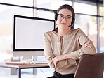 Telemarketing, portrait and woman in call center with computer mockup for contact on internet. Sales agent, consultant and desktop technology in office for telecom, crm questions and website support