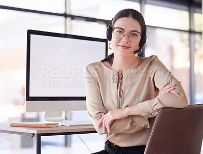 Buy stock photo Telemarketing, portrait and woman in call center with computer mockup for contact on internet. Sales agent, consultant and desktop technology in office for telecom, crm questions and website support