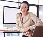 Customer service, happy portrait and woman in call center with computer mockup for contact on internet. Sales agent, consultant and smile on desktop technology for telecom, consulting and web support