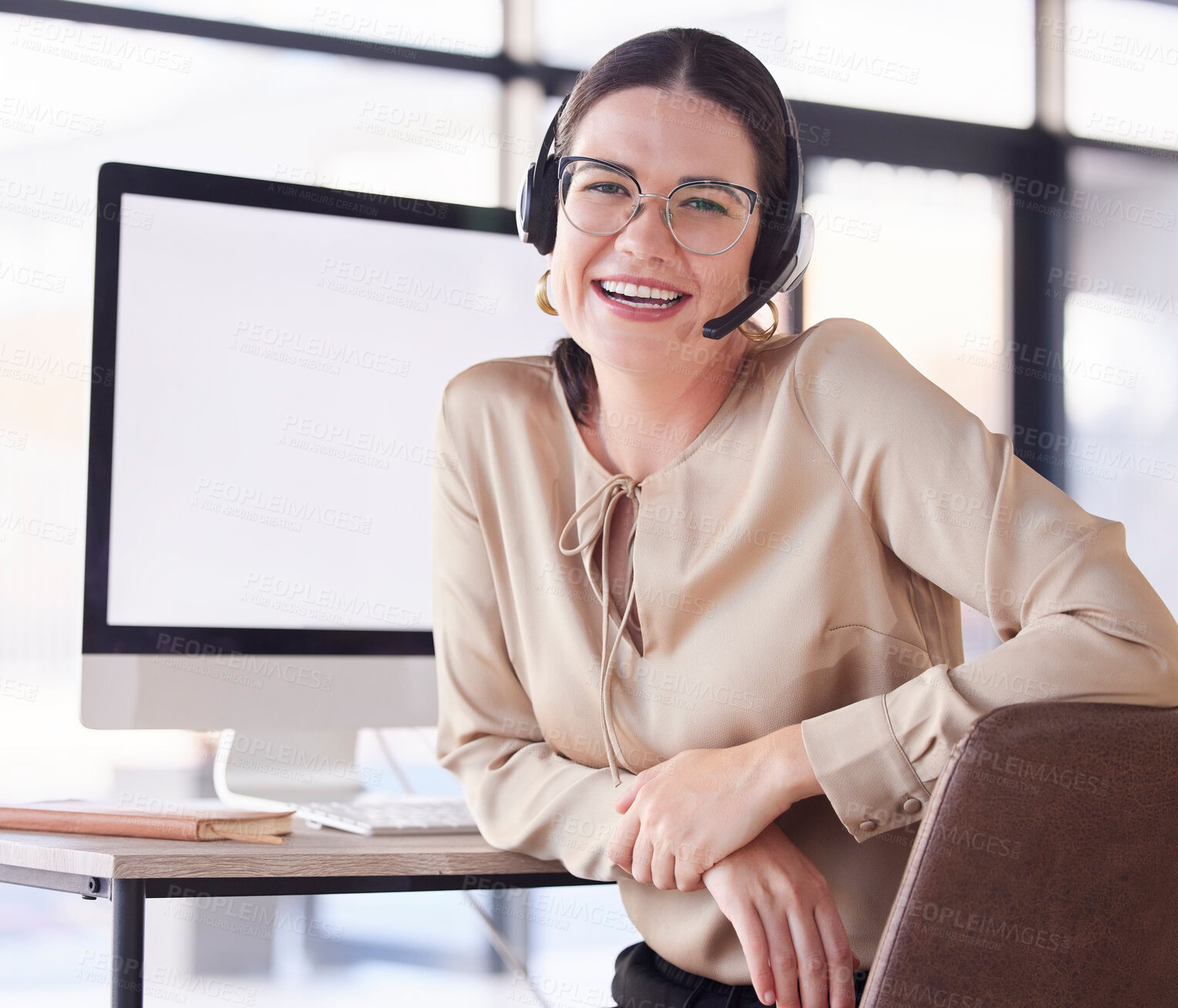 Buy stock photo Customer service, happy portrait and woman in call center with computer mockup for contact on internet. Sales agent, consultant and smile on desktop technology for telecom, consulting and web support