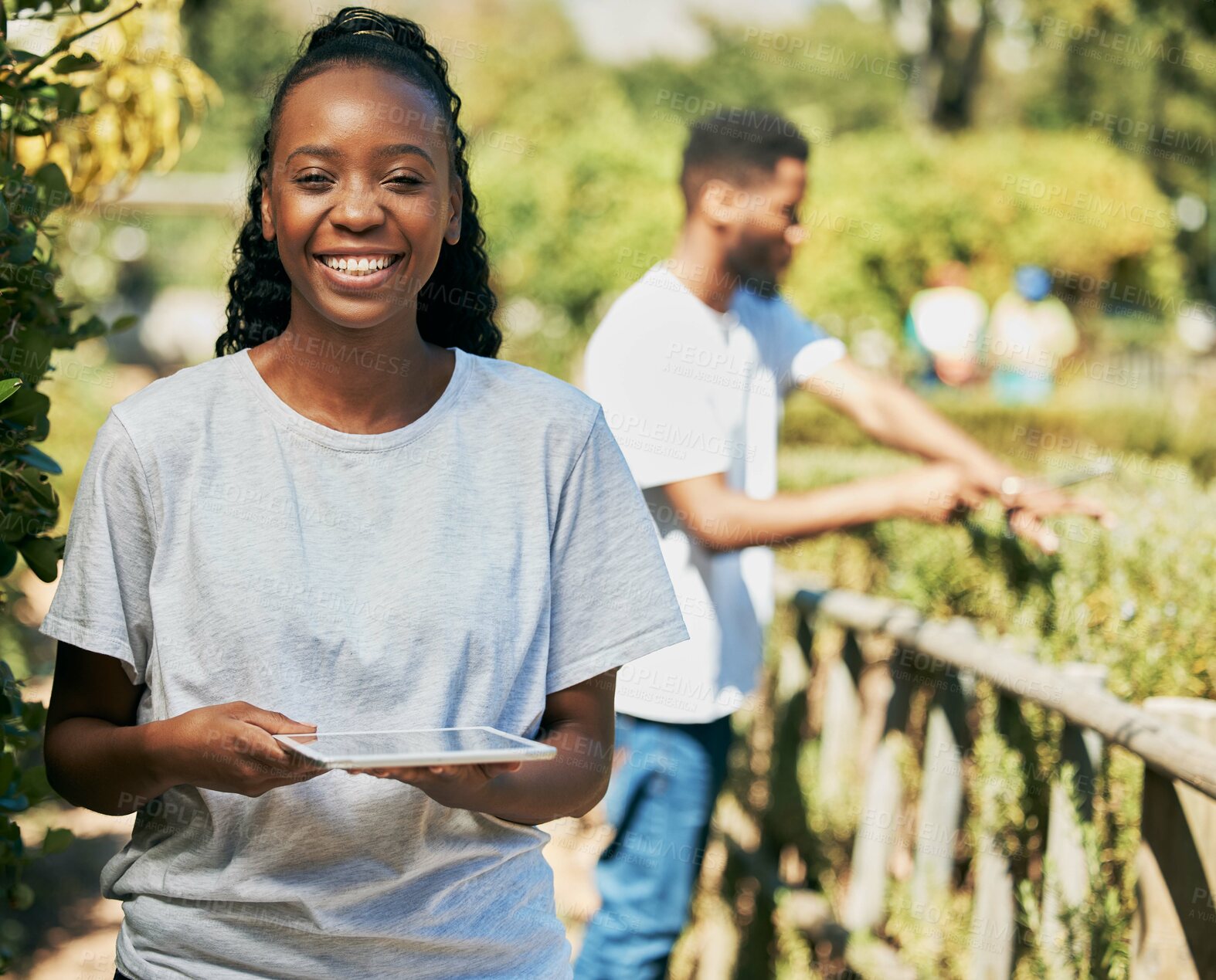 Buy stock photo Black woman, tablet and portrait smile for agriculture, farming or gardening for sustainability. Happy African American female holding touchscreen smiling for green growth or eco friendly environment