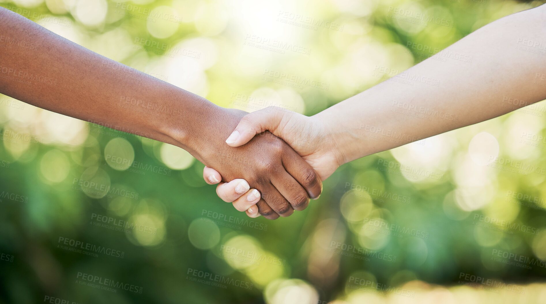 Buy stock photo Handshake, meeting and people shaking hands for success collaboration, teamwork and partnership at outdoor park. Diversity, nature or thank you for onboarding, welcome and support or trust in deal.