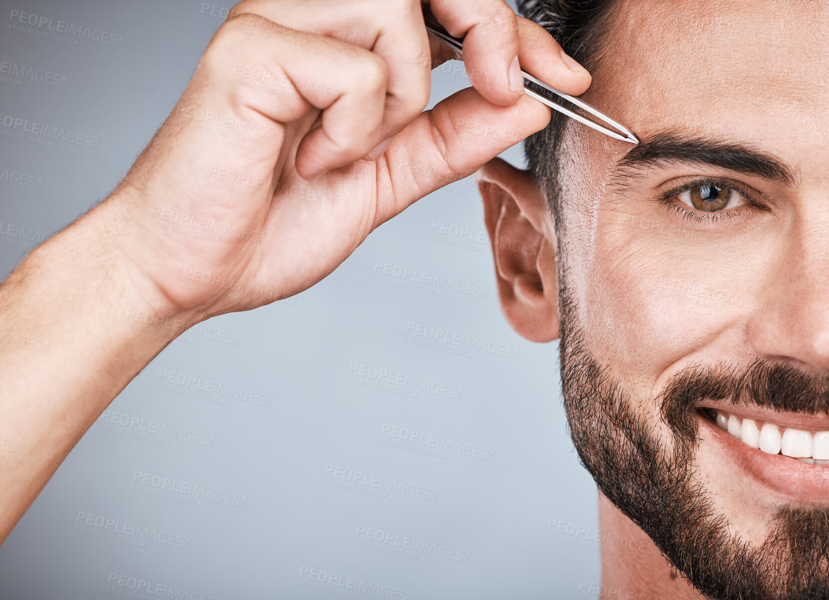 Buy stock photo Cosmetics, man and eyebrows tweezers for skincare, beauty and grooming on grey studio background. Portrait, male and gentleman with hair removal, morning routine and treatment for wellness on backdrop