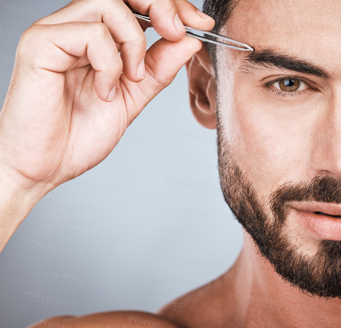 Buy stock photo Portrait, man and tweezers for eyebrows, cosmetics and morning routine with guy on grey studio background. Face care, male and gentleman with skincare, beauty and hair removal for grooming and facial