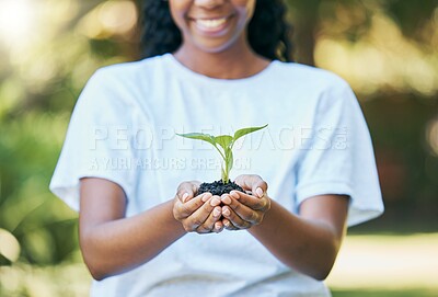 Buy stock photo Black woman hands, plants and growth for earth day, sustainability and gardening, agriculture and farming hope. Green leaf, eco friendly and sustainable person with soil in palm for agro volunteering