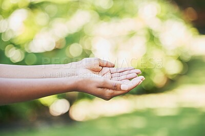 Buy stock photo Hands, open and agriculture in care for nature wellness, eco friendly environment in the outdoors. Hand opening in worship for healthy natural sustainability, environmental awareness or clean energy