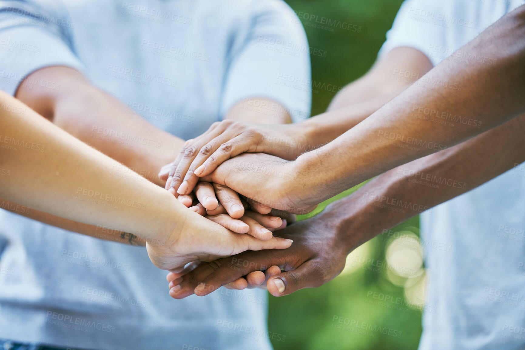 Buy stock photo People, diversity and hands together for community, trust or collaboration in partnership in the outdoors. Hand of team piling or joining in unity for agreement, coordination or support in solidarity