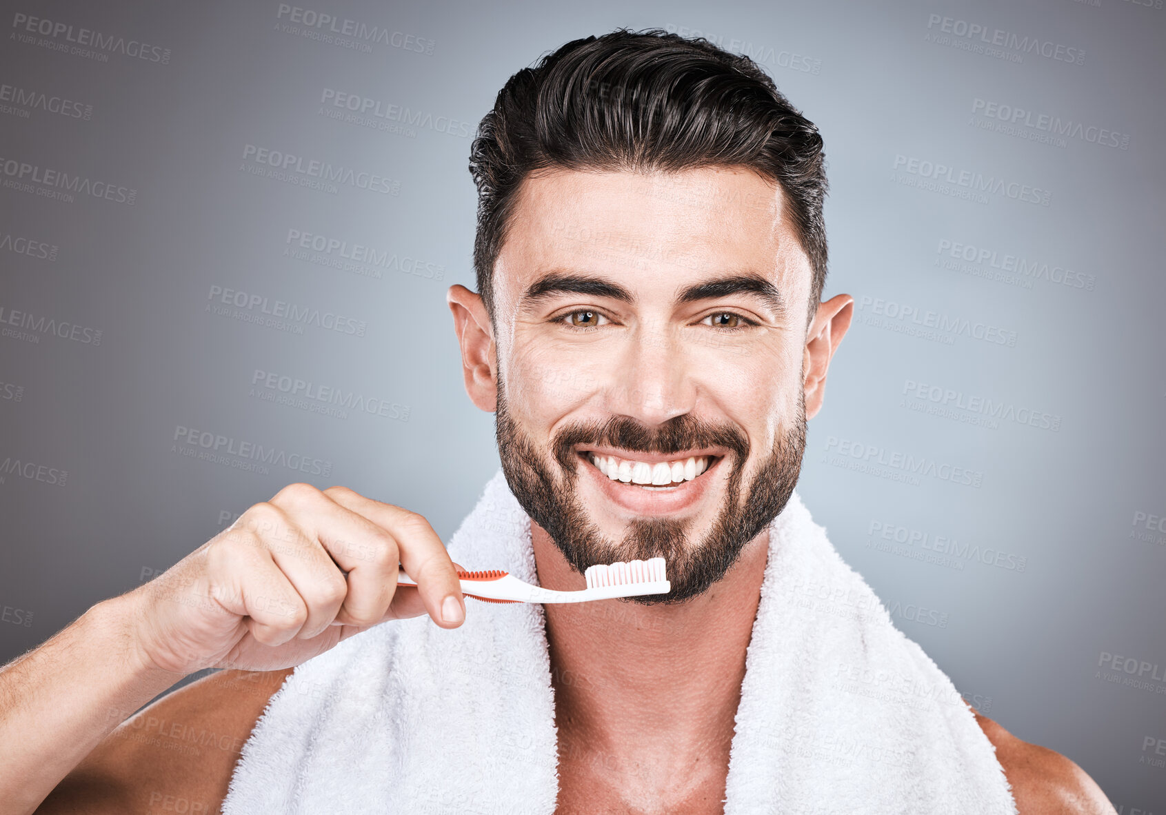 Buy stock photo Man, toothbrush and portrait smile for dental care, hygiene or skincare against a gray studio background. Happy male face smiling for clean teeth, oral or brushing mouth for morning grooming routine