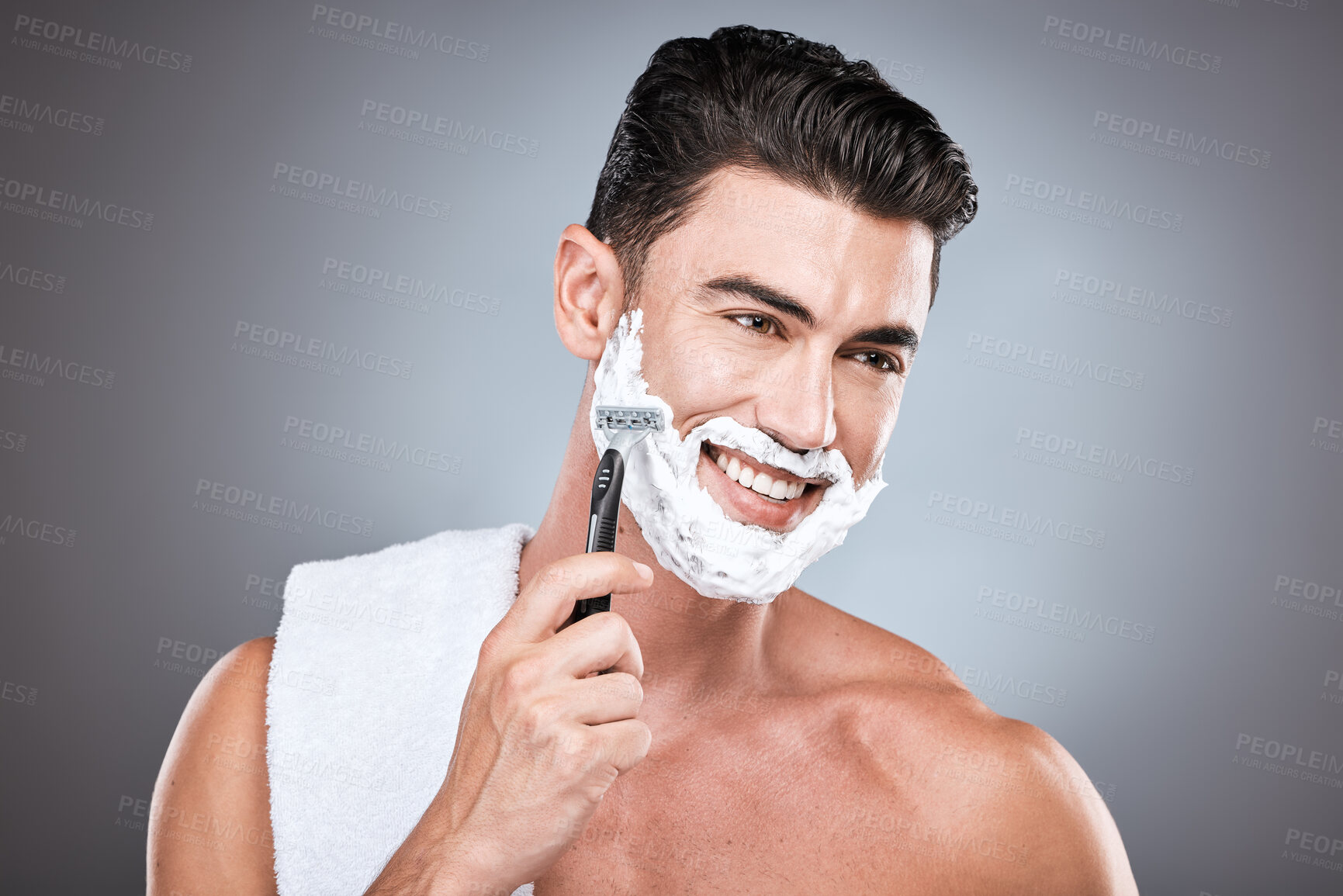 Buy stock photo Shaving cream, face and man with razor in studio isolated on a gray background. Epilation, cleaning and thinking male model with facial product, foam or gel to shave for wellness and hair removal.