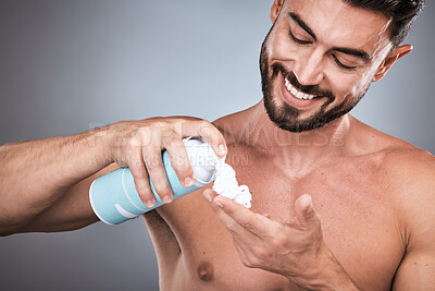 Buy stock photo Hands, shaving cream and man with product in studio isolated on a gray background for hair removal. Skincare, face and happy male model with facial foam to shave for epilation, health and hygiene.