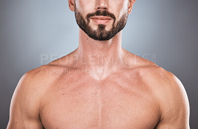 Buy stock photo Man, shoulders and skincare with dermatology, cosmetics and guy against dark studio background. Bare, male and gentleman with beauty, beard and morning routine for organic treatment, soft and smooth