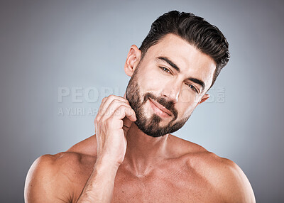 Buy stock photo Skincare, beard and portrait of man with smile, hands on face and hair care maintenance. Fitness, health spa facial care and happy male model with strong muscle in studio isolated on grey background.