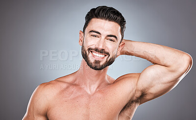 Buy stock photo Skincare, smile and portrait of man with hand on head, health and hair or beard maintenance. Fitness, healthy spa facial care and male model with muscle beauty in studio isolated on grey background.