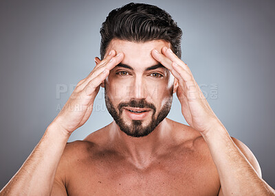 Buy stock photo Skincare, acupressure and health, portrait of man with hands on head and hair or beard maintenance. Fitness, health and spa facial care, male model with muscle in studio isolated on grey background.