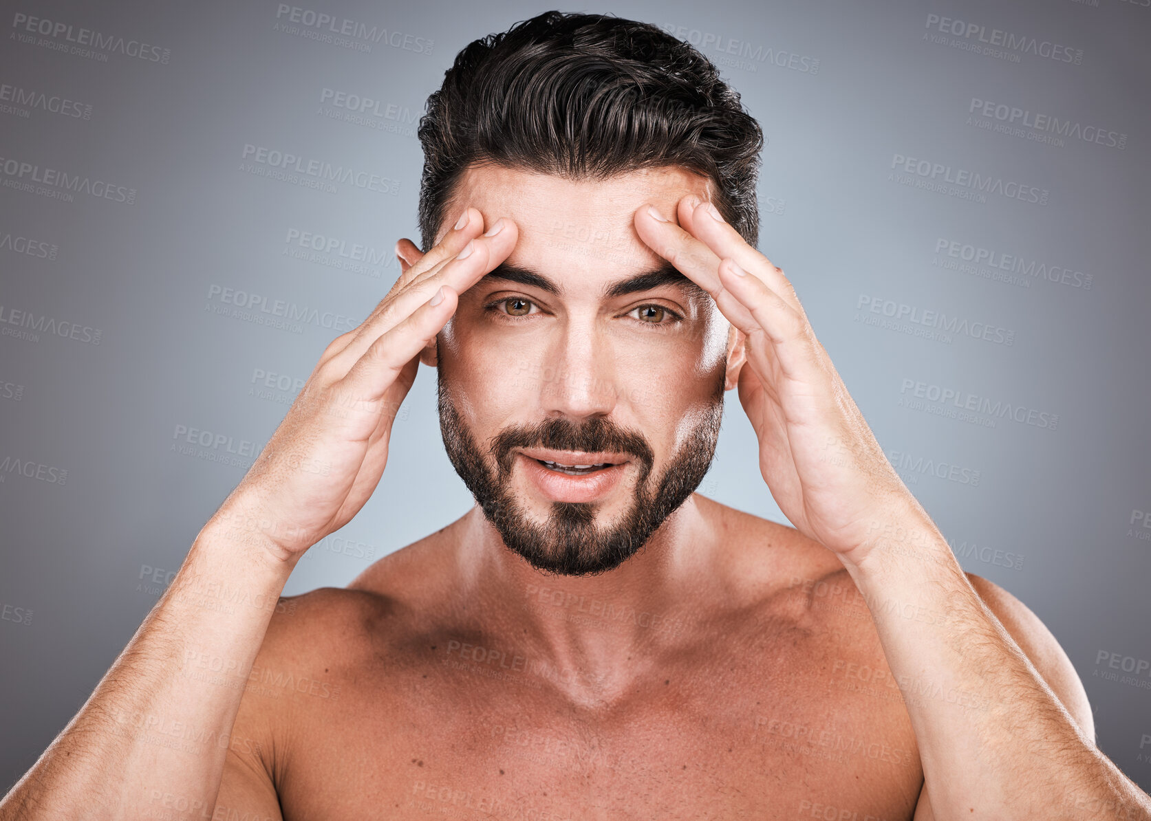 Buy stock photo Skincare, acupressure and health, portrait of man with hands on head and hair or beard maintenance. Fitness, health and spa facial care, male model with muscle in studio isolated on grey background.