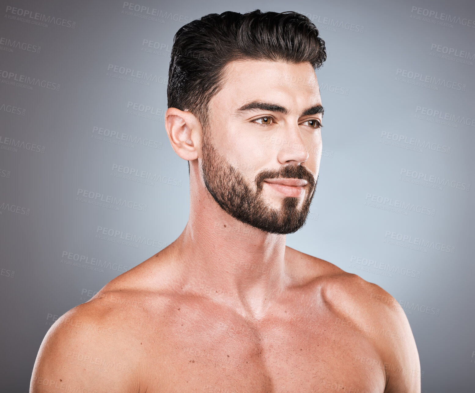 Buy stock photo Skincare, health profile picture of man with smile, grooming and hair or beard maintenance. Fitness, health and spa facial care, happy male model with muscle in studio isolated on grey background.