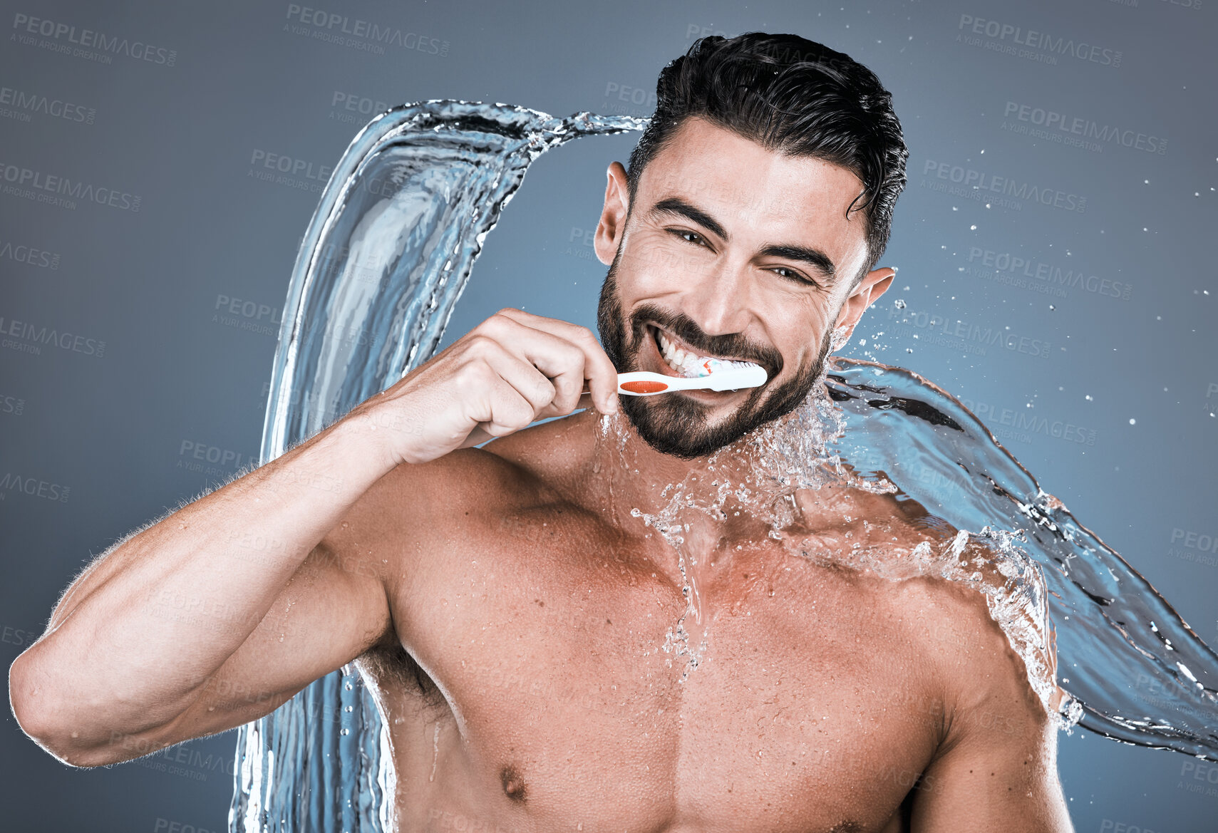 Buy stock photo Water splash, brushing teeth and portrait of happy man with toothbrush, dental wellness and healthy mouth care. Wet male model, oral cleaning and fresh breath for smile, happiness or shower cosmetics