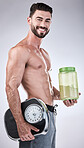 Protein shake, fitness and scale with portrait of man for workout, muscle and weight loss. Diet, gym and training with athlete and powder for sports, exercise and nutrition in gray studio background 