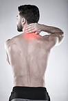 Fitness, hand or sports man with neck pain after exercise, body training injury or gym workout with muscle pain. Red glow, back view or stressed bodybuilder suffering isolated on studio background 