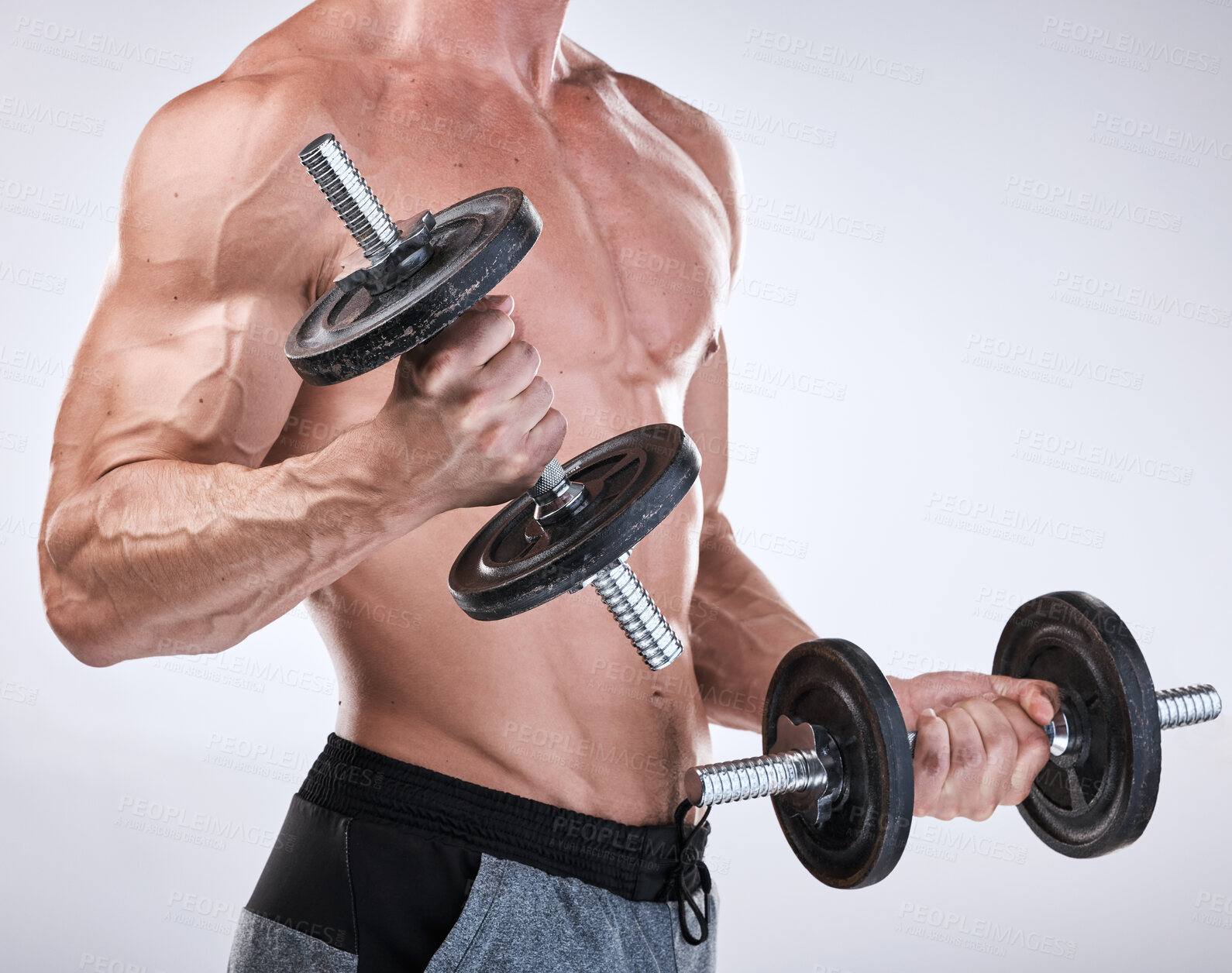 Buy stock photo Fitness, strong or man with dumbbells in hands for exercise, training or workout for body goals. Gym motivation, sports or healthy bodybuilder weightlifting to grow biceps muscle isolated in studio
