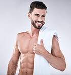 Fitness, towel and beauty man isolated on a white background for exercise, aesthetic and muscle goals. Athlete, sexy bodybuilder or sports person health, wellness and body, abs and workout success