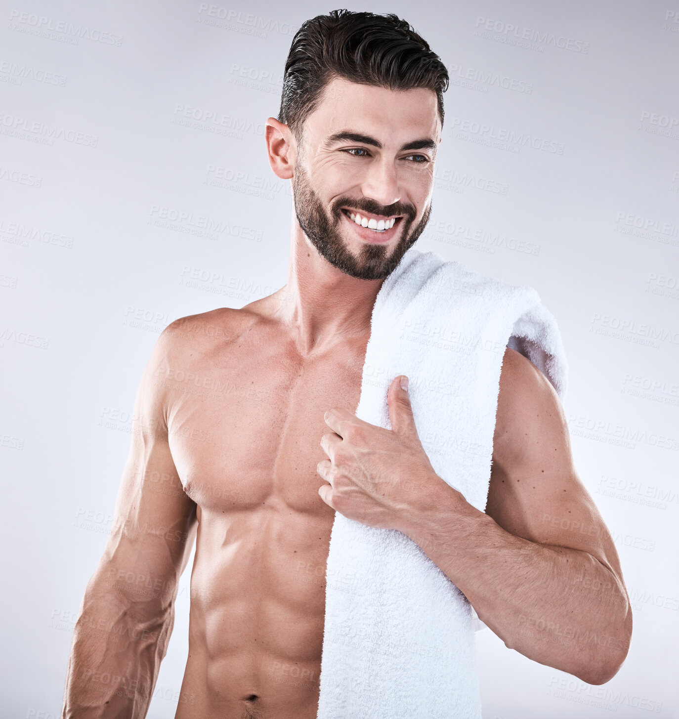 Buy stock photo Fitness, towel and beauty man isolated on a white background for exercise, aesthetic and muscle goals. Athlete, sexy bodybuilder or sports person health, wellness and body, abs and workout success