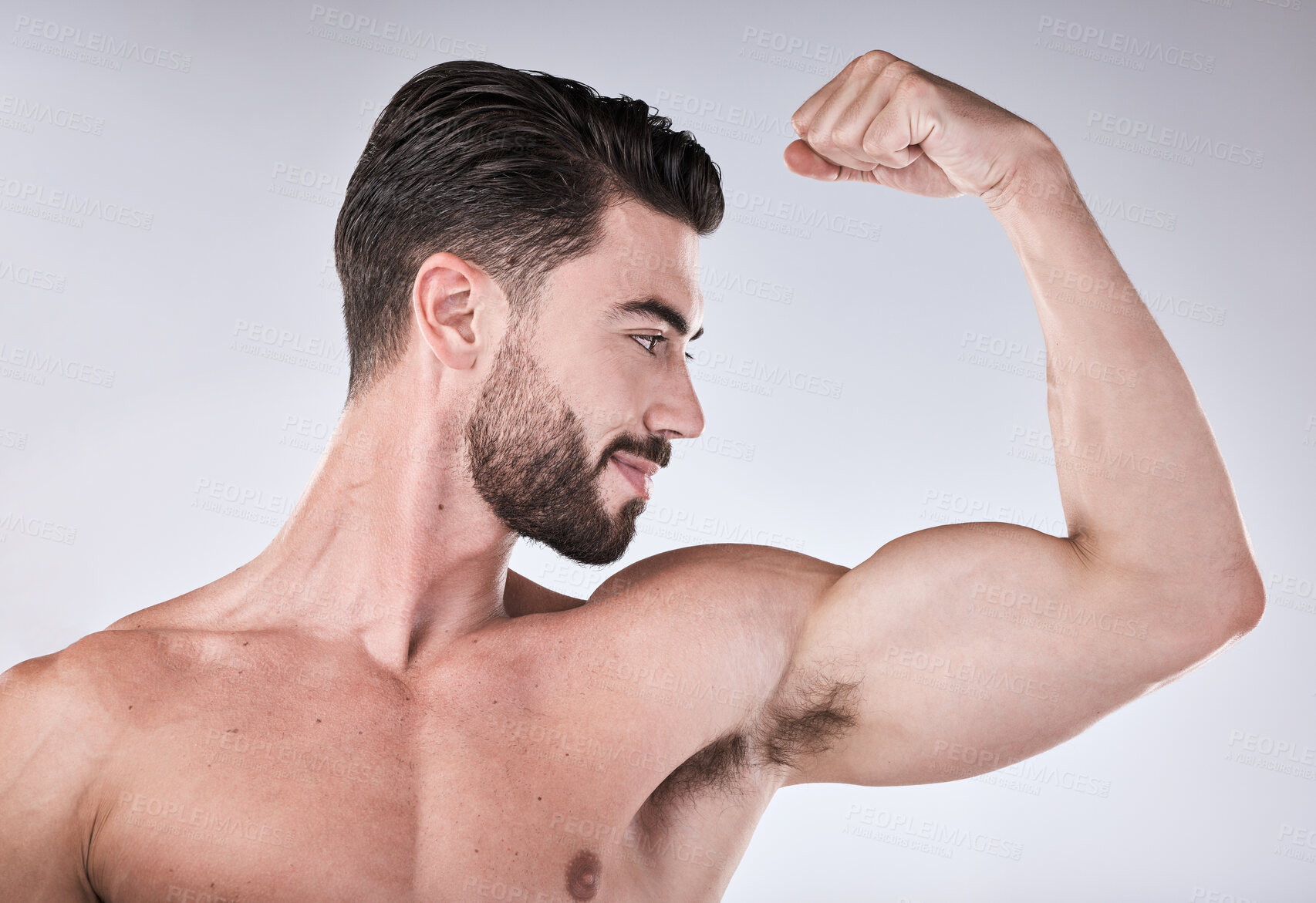 Buy stock photo Arm muscle, strong man and body, face profile with health and fitness, muscular person isolated on studio background. Skin, bodybuilder and biceps, wellness and weightlifting exercise and growth