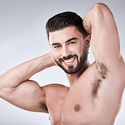 Fitness, body and beauty man isolated on a white background for exercise,  aesthetic and muscle goals. Underwear, sexy bodybuilder or sports person  portrait in health, wellness and workout abs success