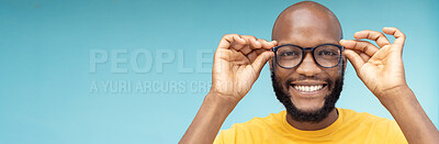 Buy stock photo Black man, portrait or vision glasses on blue background, isolated mockup or wall mock up for eyes care, retail or sales deal. Smile, happy or face and fashion optometry for lens healthcare wellness