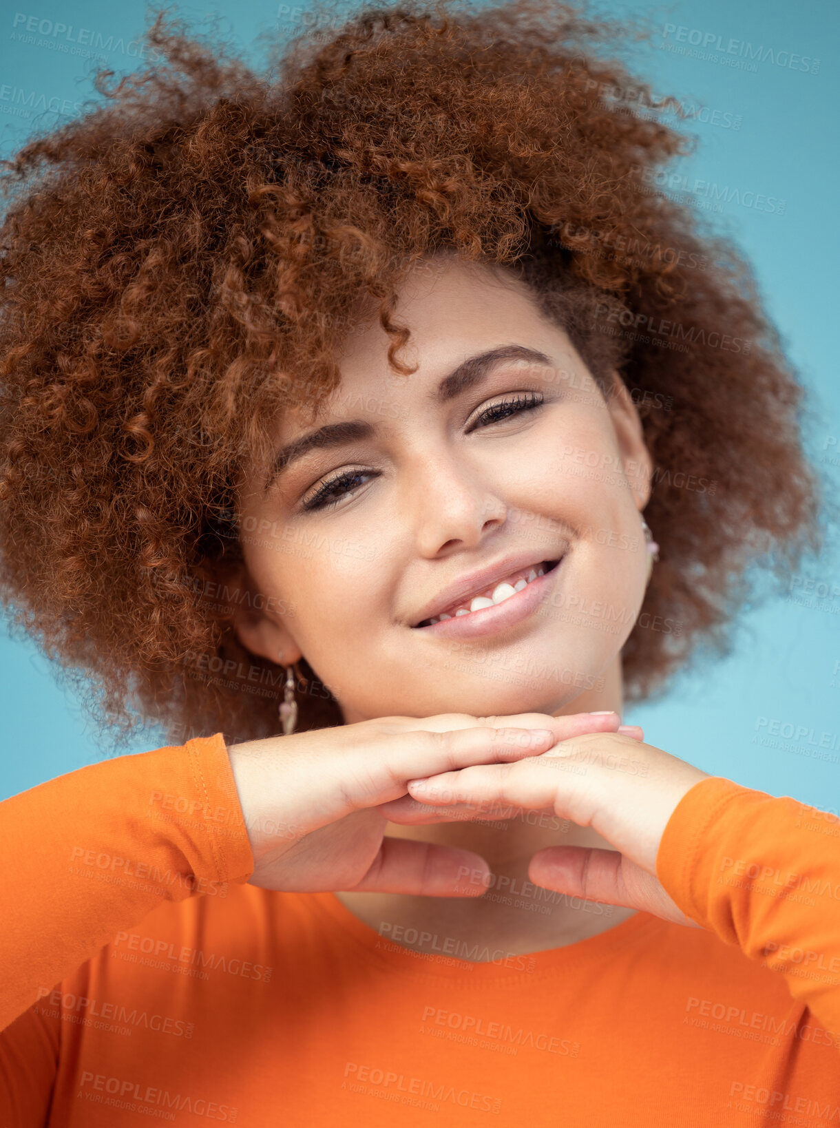 Buy stock photo Beauty, smile and portrait of woman on blue background enjoying calm weekend, freedom and relaxing. Fashion, trendy style and face zoom of happy girl with confidence, positive attitude and cosmetics