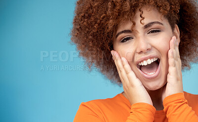 Buy stock photo Surprise, happy and portrait of a woman in a studio with mockup space for sale, deal or discount. Happiness, scream and female model with a excited and shocked facial expression by a blue background.
