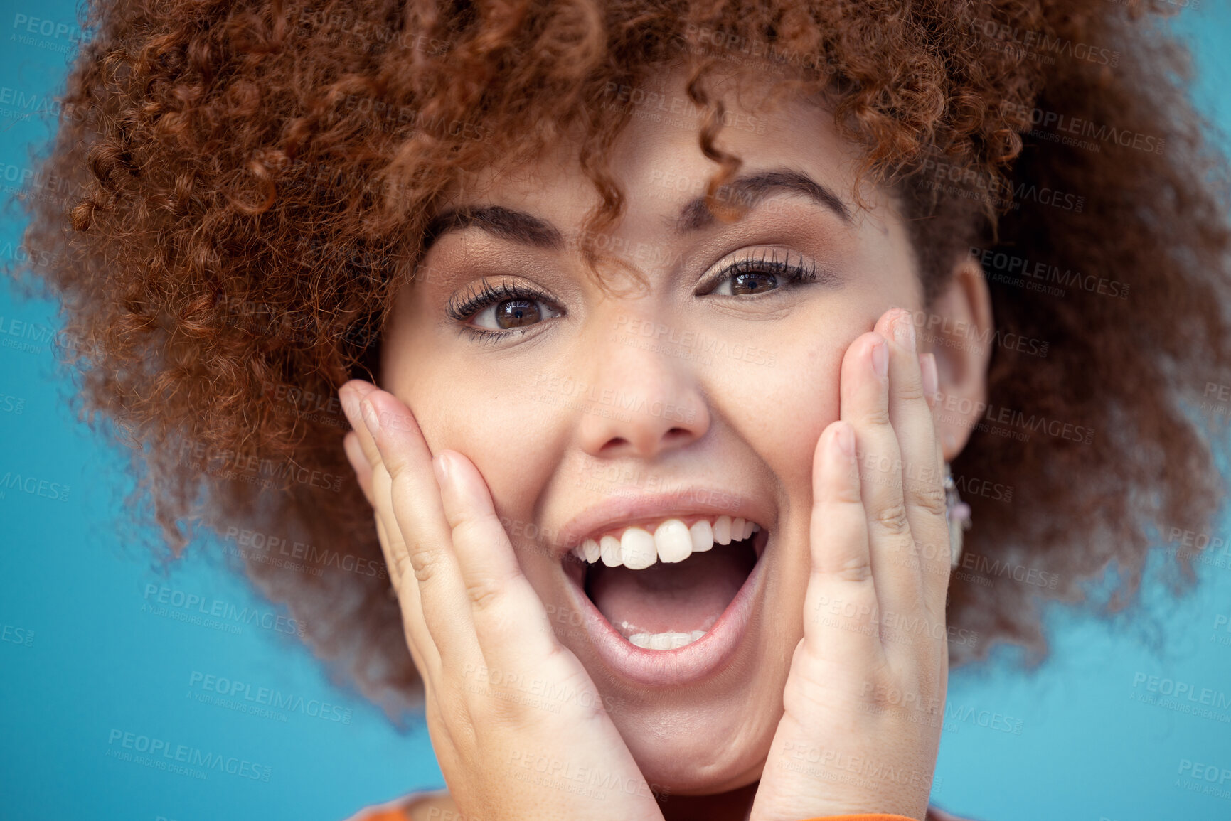 Buy stock photo Wow, surprise and portrait of a happy woman in a studio with mockup space for sale, deal or discount. Happiness, scream and female model with excited and shocked facial expression by blue background.