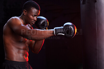 Buy stock photo Boxer, fitness and black man isolated on a dark background or gym training focus, challenge and bodybuilder fist impact. Strong, power and boxing athlete or sports person with exercise in mma gear