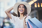 Woman, shopping and portrait smile in the city carrying bags for discount, deal or purchase. Happy female shopper smiling in joyful happiness for luxury, fashion gifts or sale in an urban town