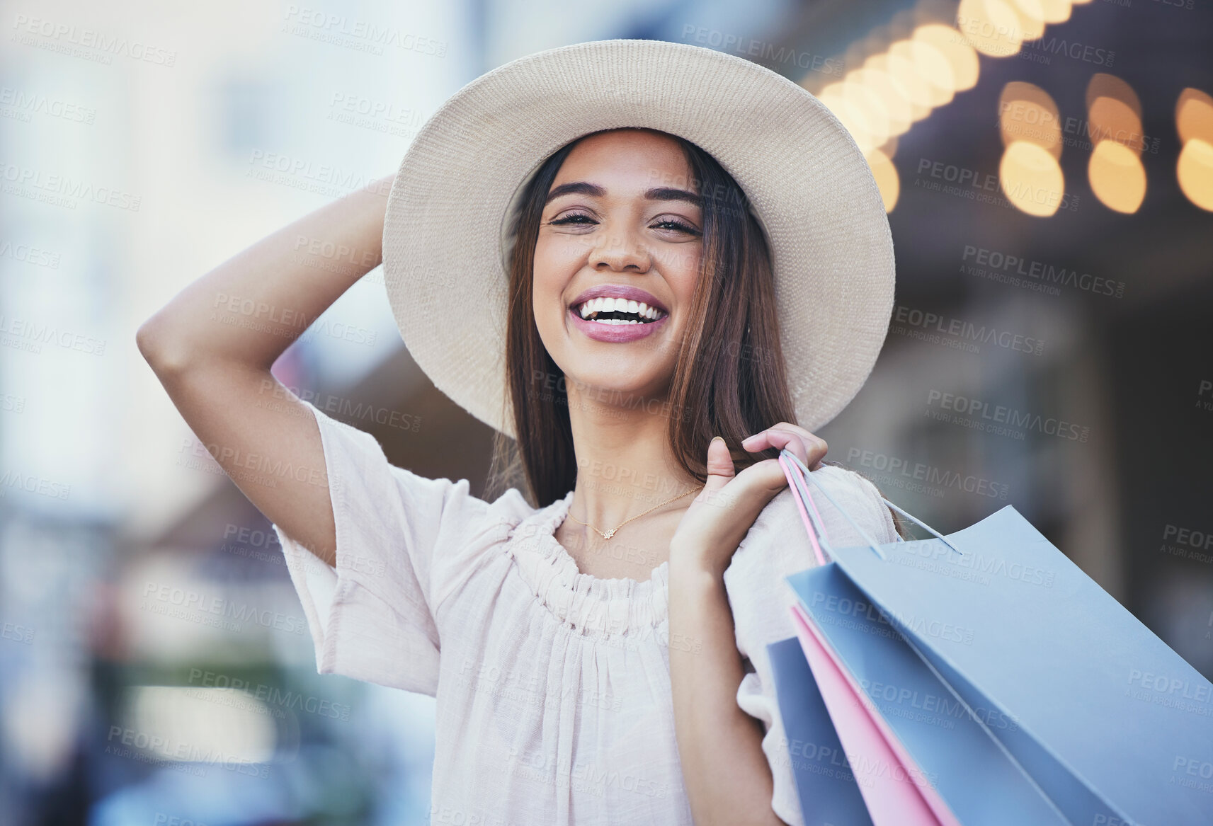 Buy stock photo Woman, shopping and portrait smile in the city carrying bags for discount, deal or purchase. Happy female shopper smiling in joyful happiness for luxury, fashion gifts or sale in an urban town