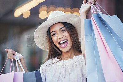 Buy stock photo Woman, shopping bags and portrait smile in the city carrying gifts for discount, deal or purchase. Happy female shopper or excited winner in joyful happiness for luxury, fashion or sale in urban town