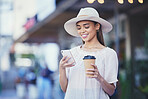 Woman, phone and coffee in city for communication, travel and 5g network connection. Fashion person outdoor on urban journey, taxi contact or social media with smartphone for online shopping payment