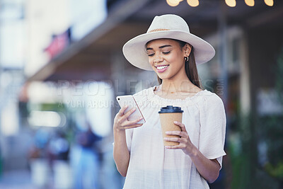 Buy stock photo Woman, phone and coffee in city for communication, travel and 5g network connection. Fashion person outdoor on urban journey, taxi contact or social media with smartphone for online shopping payment