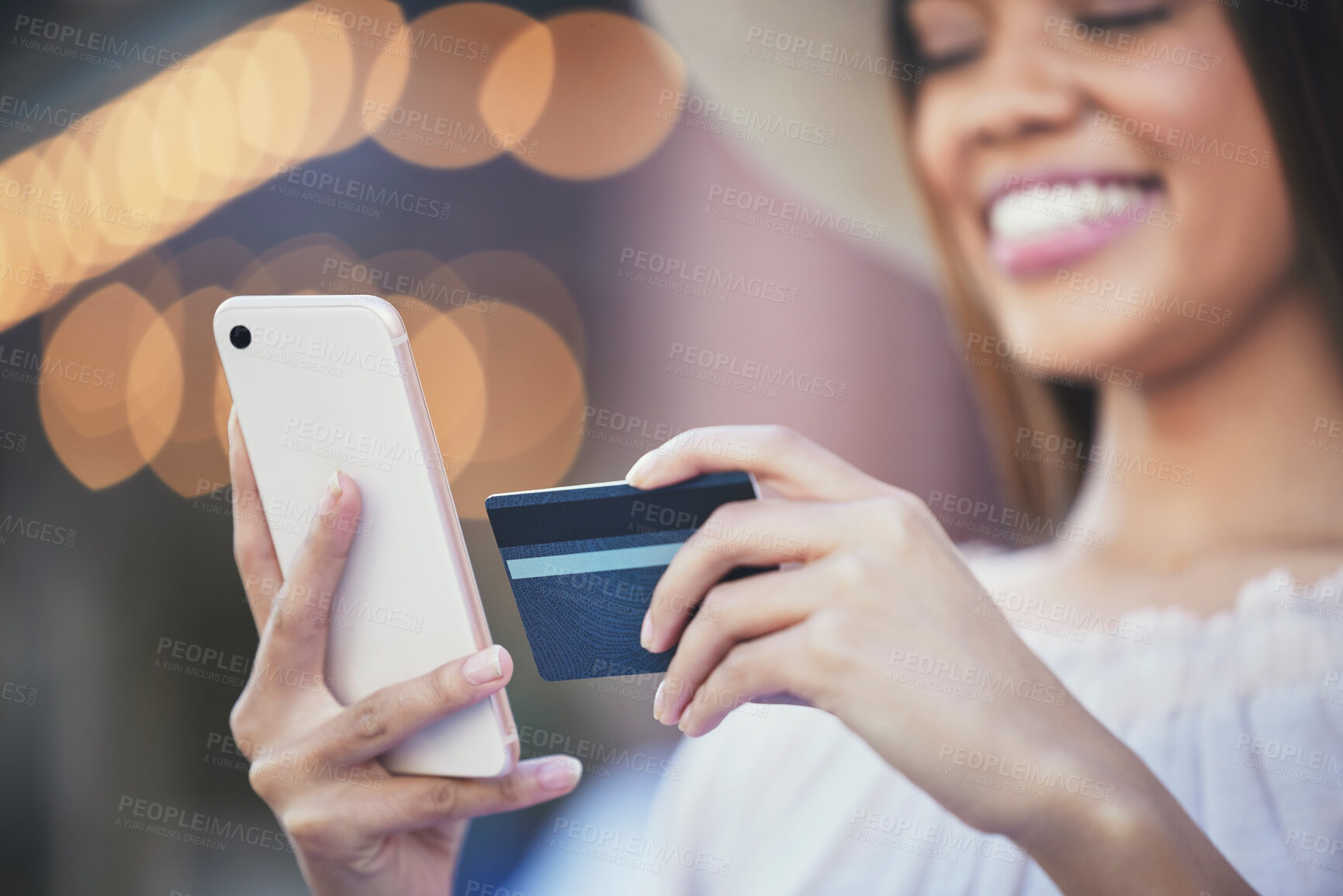 Buy stock photo Woman, hands and phone with credit card for ecommerce, purchase or online shopping in city. Hand of happy female shopper smiling holding smartphone for internet banking, 5G connection or transaction