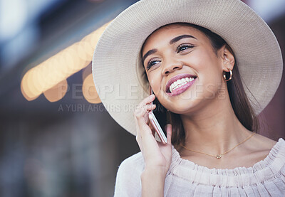 Buy stock photo Woman, phone call and happy face while outdoor in city for communication, travel and 5g network. Young person with smile and smartphone for urban journey, contact or conversation with fashion mockup