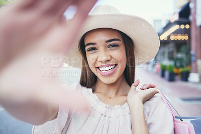 Buy stock photo Woman, vlogger and smile for selfie in the city for shopping, travel or profile picture and memories. Happy female influencer or shopper smiling for vlog, traveling or 5G connection in an urban town