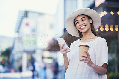 Buy stock photo Happy woman, phone and coffee on a city road for communication, travel and 5g network. Fashion person outdoor for urban journey, taxi contact or social media while online with smartphone outdoor