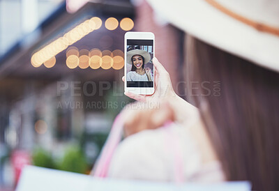 Buy stock photo Selfie, screen and woman outdoor, summer vacation and traveling for break, getaway and photo for social media. Female, tourist and lady with smartphone, picture and connection with smile and in city