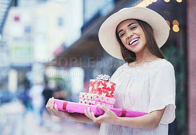 Buy stock photo Gifts, boxes and portrait of a woman in a shopping mall buying products for a party, event or celebration. Happy, smile and female purchasing presents for valentines day, anniversary or romance.
