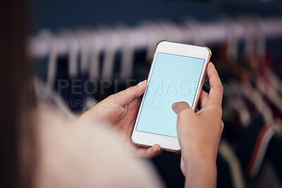 Buy stock photo Phone mockup, fashion and woman with online shopping, e commerce or fintech for retail store management or sales. Smartphone screen, clothes boutique and person for customer experience on mobile app