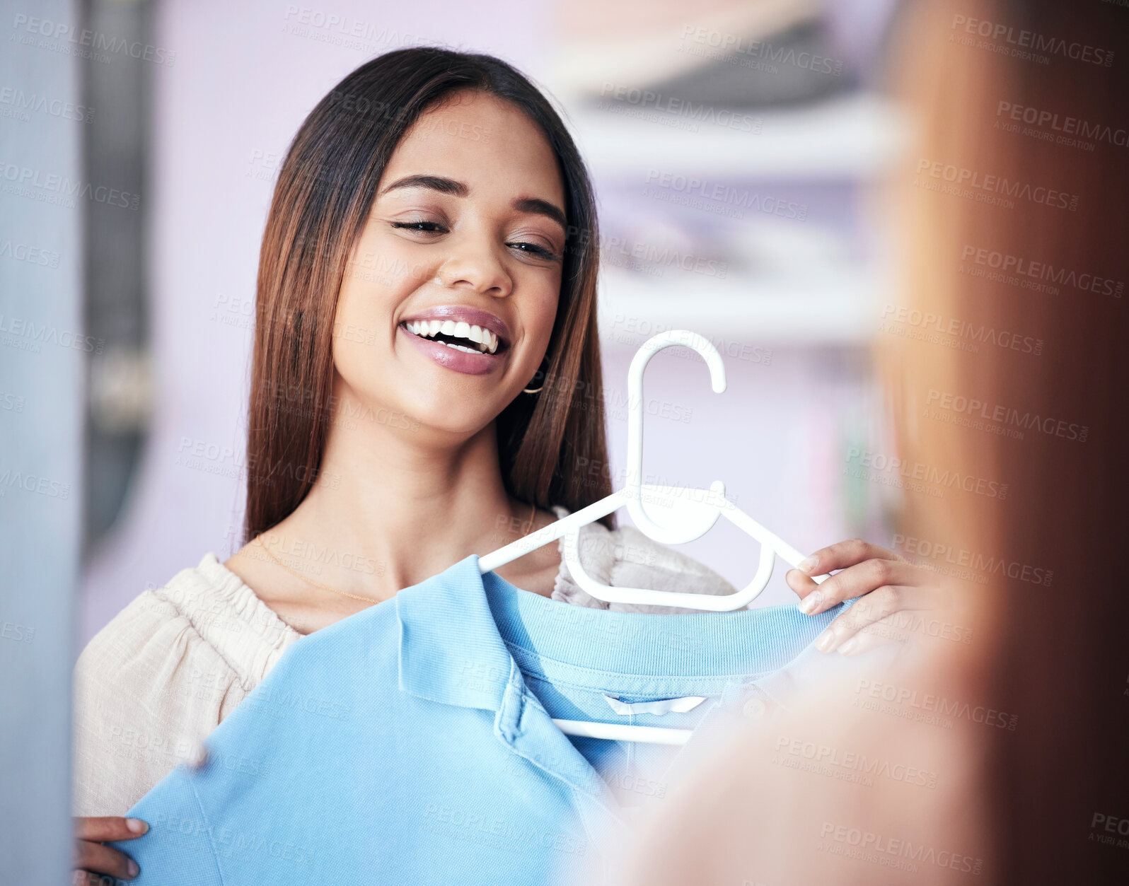 Buy stock photo Fashion, shopping and shirt with a black woman customer in a store for retail to buy contemporary clothes. Sale, style and smile with a young female consumer or shopper buying clothing in a boutique 