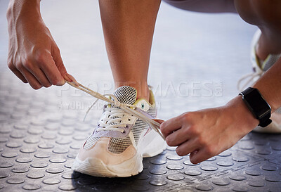 Buy stock photo Shoes, fitness and man getting ready for training, exercise or running with sports sneakers, fashion and motivation. Feet of athlete, runner or person tying his laces for cardio or workout sportswear