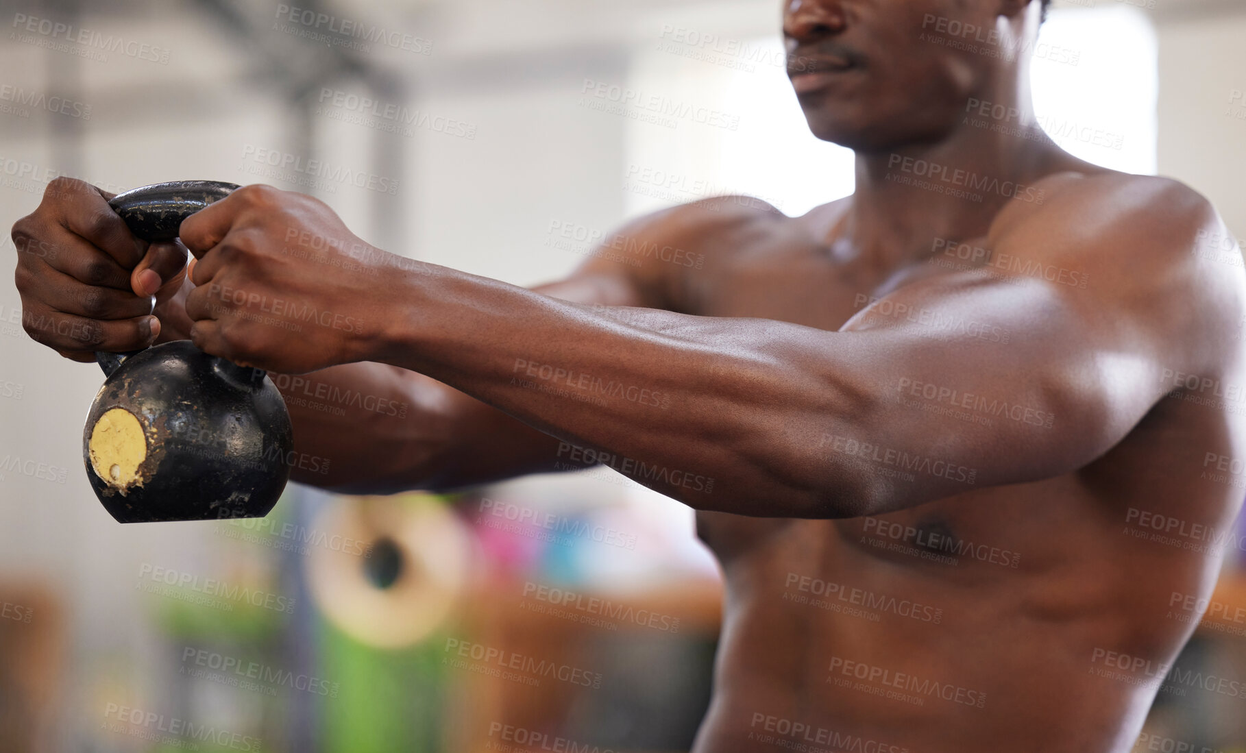Buy stock photo Arm muscle, kettlebell and black man in gym with fitness, body builder and weightlifting. Power, strength training and exercise with muscular biceps, strong and bodybuilding with workout in club