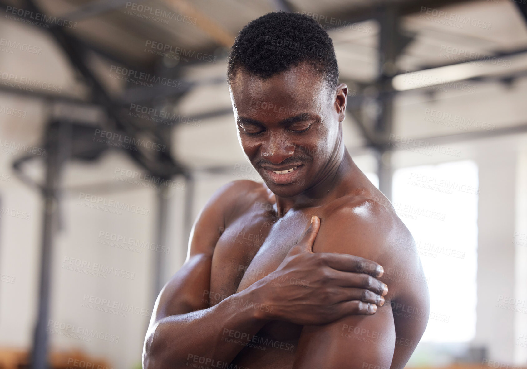 Buy stock photo Black man, exercise and arm pain or sports injury at gym for bodybuilder training, workout or fitness. Healthy person with hand on body muscle for orthopedic or arthritis health problem or fail 