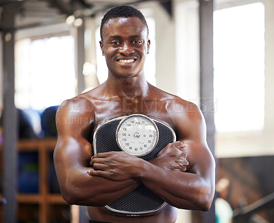 Buy stock photo Black man, bodybuilder and gym for portrait with weight scale for muscle growth, power and wellness. Happy fitness person with training, workout or exercise motivation for goals, body and health